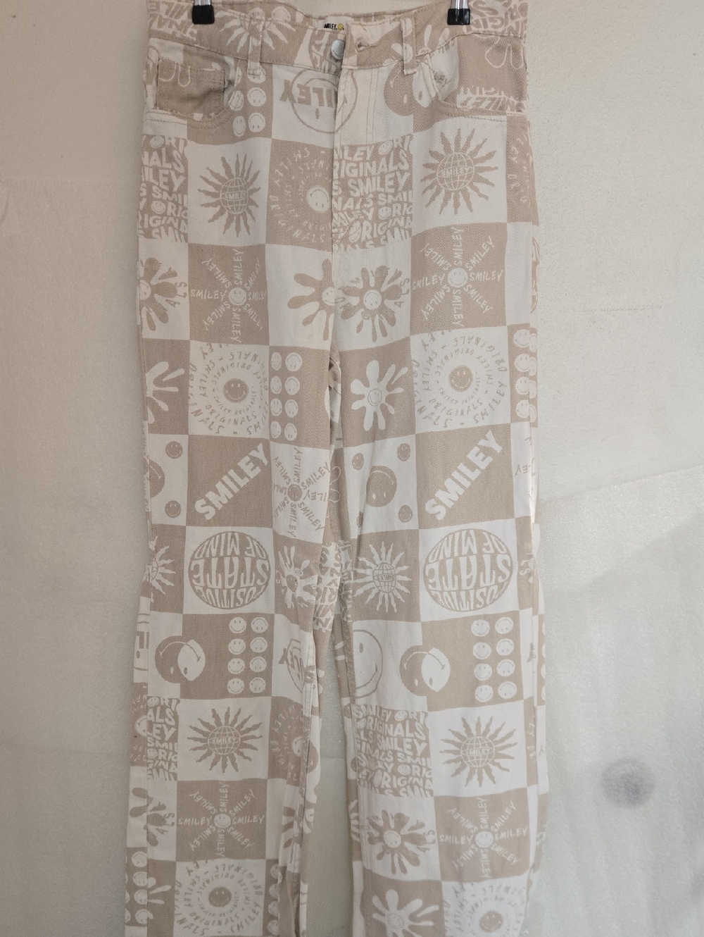 H&M X Smiley Collab Beige and White Graphic Checkerboard Wide-Leg Pants